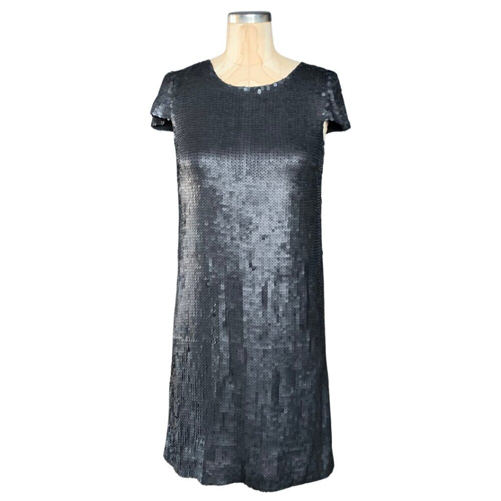 Theory Maryanka Black Silk Sequin Cap Sleeve Shift Dress Womens Size 0